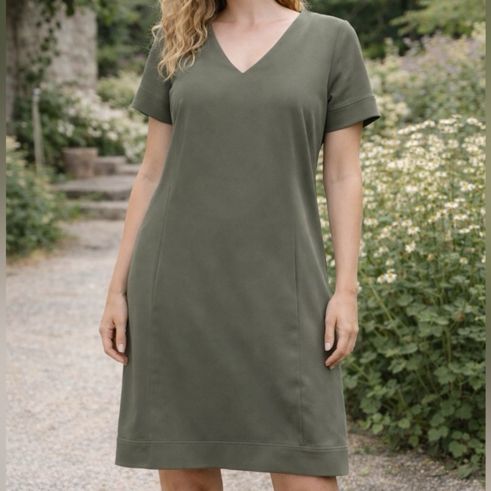 Theory Dress Womens 6 Olive Green‎ V Neck Banded Shift Admiral Crepe Light Lined